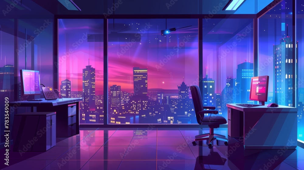 Poster stylish night office interior with desk near window cartoon background. computer table on empty work