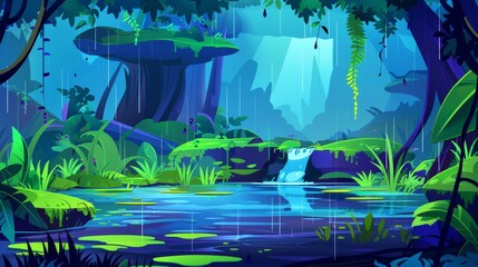 In the spooky woodland halloween cartoon landscape illustration, there is a swampy wetland with nenuphar scenery and marsh plants in the water. Icons of wild plants in a rainforest swamp. - obrazy, fototapety, plakaty