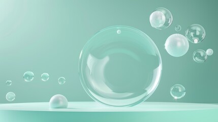 The round plate and round shapes of the objects are floating against the mint green background in a glassmorphism.