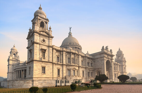 Victoria Memorial ancient colonial architecture building built in the year 1906 in Kolkata with moody sunset sky.