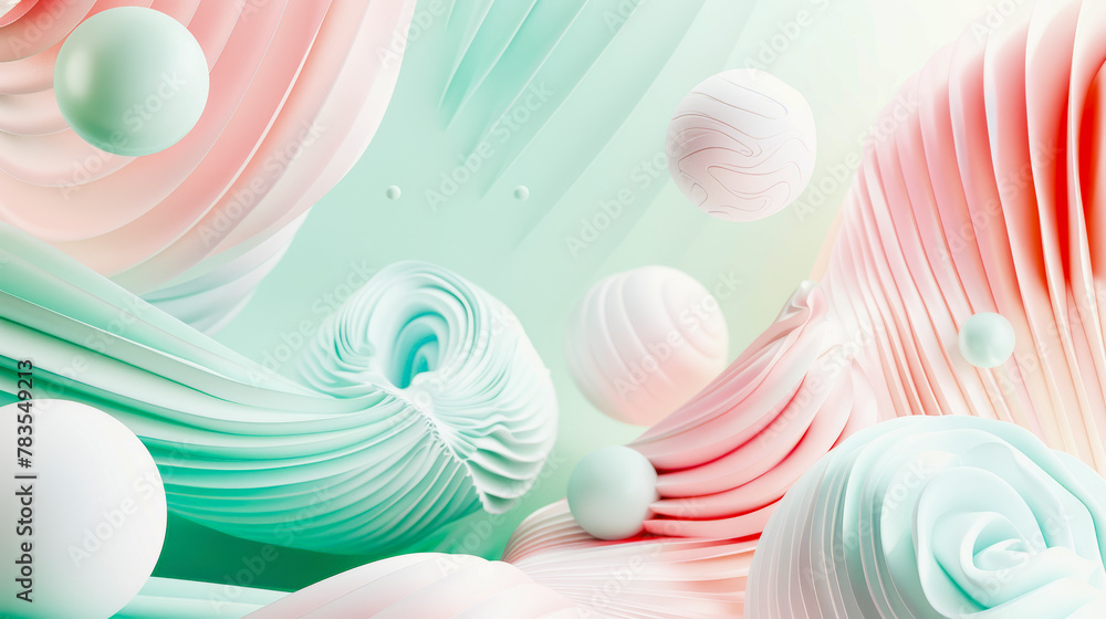 Poster abstract pastel 3d composition with swirling patterns and floating spheres in calming mint and pink 