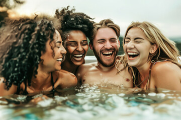 Group of friends laughing and splashing in a refreshing mountain stream, reveling in the simple joys of nature. - obrazy, fototapety, plakaty