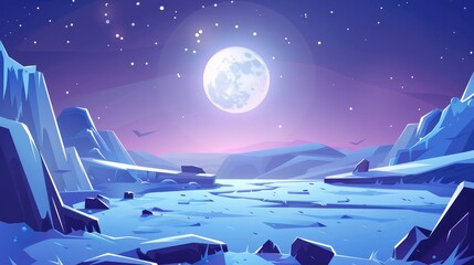 Winter night landscape with full moon in sky. Cartoon dark arctic illustration with frozen water and ice arch. Freeze lake and snowy hill outdoor antarctica environment for web banners. - obrazy, fototapety, plakaty