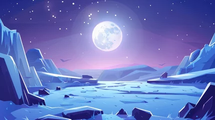 Foto op Canvas Winter night landscape with full moon in sky. Cartoon dark arctic illustration with frozen water and ice arch. Freeze lake and snowy hill outdoor antarctica environment for web banners. © Mark