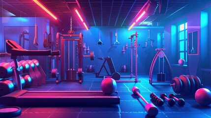 Modern gym interior sporting treadmills, multifunctional pull up towers, ellipticals, dumbbells, and sports training equipment. - obrazy, fototapety, plakaty