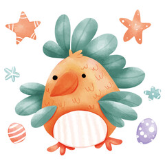 Easter greeting card with cute chicken and eggs. Vector illustration.