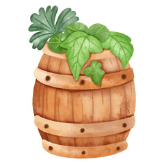 Wooden barrel with green leaves. Vector illustration 