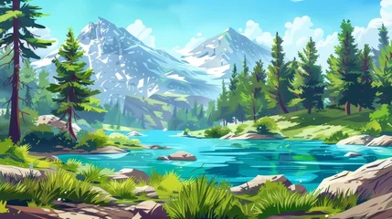 Foto auf Acrylglas Illustration of a panoramic view of a summer panorama in the mountains with rocky hills, a lagoon, and trees. Cartoon illustration of a mountain landscape in the forest with a pond. © Mark