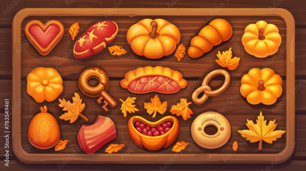 Poster game shop ui interface with cartoon buy button design. fall wood store menu frame for mobile applica