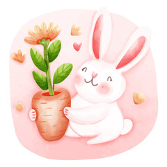 Cute bunny with carrot on pink watercolor background. Vector illustration.