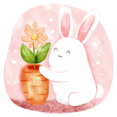 Cute bunny with carrot and flower. Cute cartoon character.