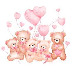 cute teddy bears with hearts and balloons on a white background