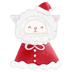 Cute cartoon sheep in Santa Claus costume. Vector illustration on white background.