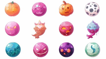 UI fantasy asteroid or orbit cosmic concept collection with pumpkin pumpkin planet for space game. Round colorful funny pink dessert illustration.