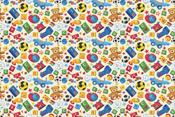 Naklejka premium Colorful children's toys and blocks on a playful background