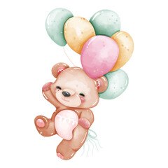 Cute teddy bear with colorful balloons. Watercolor illustration.