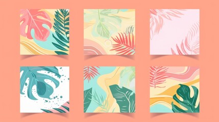 A set of square summer sale promotion templates featuring tropical plants and fluid.