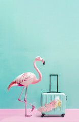 
A whimsically stylized image of a flamingo perched atop pink luggage, symbolizing summer travel and elegance
