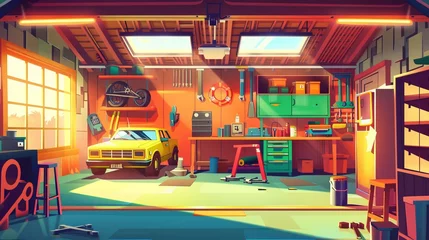 Foto auf Acrylglas Interior cartoon of garage with tool storage. Image of workshop inside with car parked on driveway near the house. Concept for carpentry storeroom at home with table, inventory on rack. © Mark
