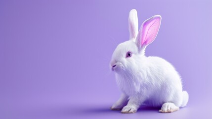 Isolated white bunny with purple ears, sitting and hopping.