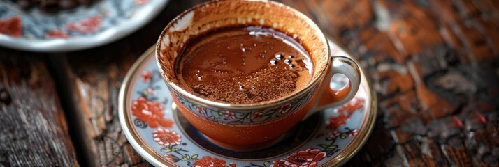 Aromatic and Rich Traditional Turkish Coffee Served in Ornate Ceramic Cup on Rustic Wooden Table