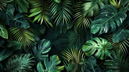 Fototapeta na wymiar A lush depiction of tropical leaves in shades of green evoking the warmth and vitality of summer in a dense jungle setting