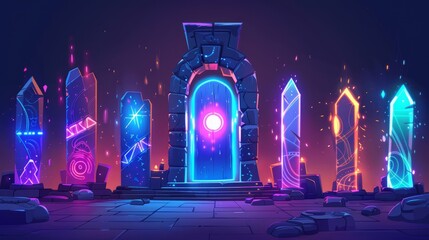 Game fantastic door with magic portal. Cartoon modern illustration set of wizard gates with neon glowing vortex holes for parallel universes or time travel. - obrazy, fototapety, plakaty