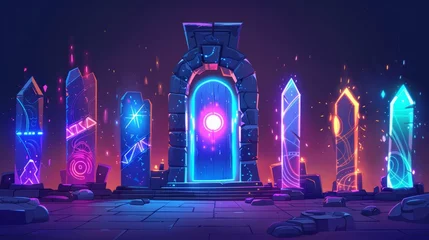 Foto auf Leinwand Game fantastic door with magic portal. Cartoon modern illustration set of wizard gates with neon glowing vortex holes for parallel universes or time travel. © Mark