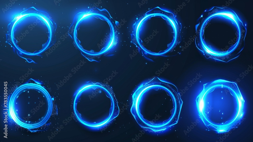 Poster a set of blue round frames isolated on transparent background. modern realistic illustration of circ