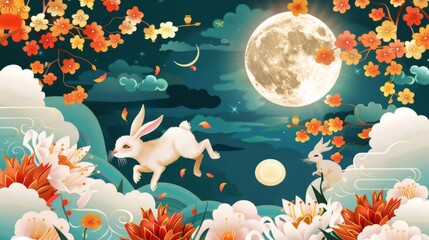 A beautiful retro poster for the Mid Autumn Festival featuring jade rabbits hopping among vintage design elements such as flowers, a full moon, clouds, and stars. Text reads: Mid Autumn Festival.