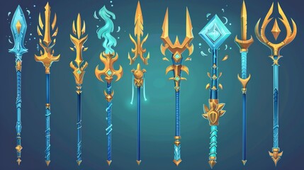 Fototapeta na wymiar Illustration set of fantasy metallic spear with pitchfork in various stages of decoration and ornamentation for game level rank design.
