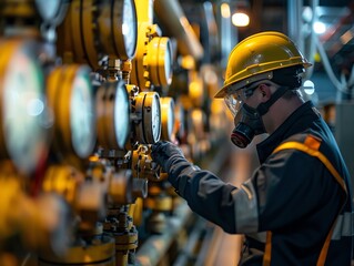 A close-up of an oil refinery operator inspecting gauges and dials on a massive pipeline system, wearing safety gear, under the harsh lights of the facility - obrazy, fototapety, plakaty