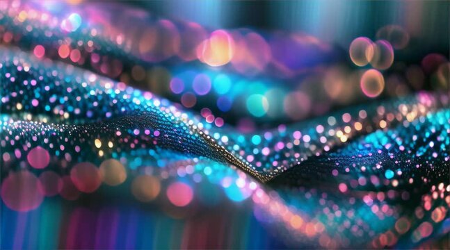 Dynamic wave of multicolored particles with a bokeh effect. Abstract concept of digital data stream, music visualization, or network flow. 