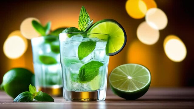 Sparkling mojito with lime wedges and mint leaves on wooden bar top
