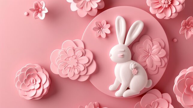 On a pink background, a rabbit with floral pattern circles a mooncake shape. Text: Happy Mid Autumn. August 15th.
