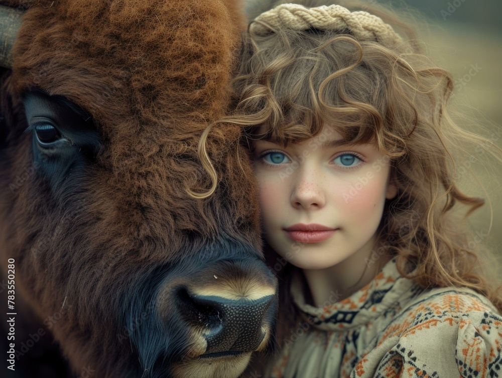 Poster A young woman with curly hair and a brown cow. AI.