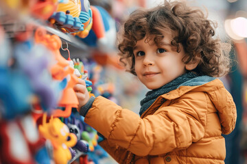 Busy toy store with colorful displays, interactive toys, and children excitedly choosing playthings. - obrazy, fototapety, plakaty