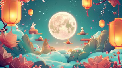 Obraz na płótnie Canvas An adorable poster of mooncakes with jade rabbits on top, pomelo, and sky lanterns floating in a gradient night sky with a full moon. Happy Mid Autumn Festival! August 15.