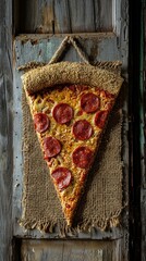 A slice of pizza is hanging on a piece of cloth. AI. - obrazy, fototapety, plakaty