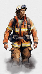 Firefighter in uniform and helmet watercolor illustration