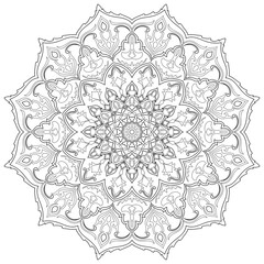 Mandala, black lines, pattern of circular radial lines on a white background.