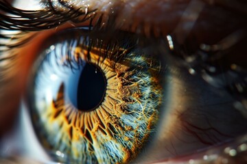 A close up of a blue eye with yellow iris. AI. - obrazy, fototapety, plakaty