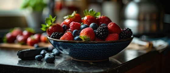 A bowl of berries on a counter top with other fruit. AI.