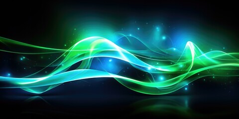 A green and blue glowing wave on a dark background. AI.