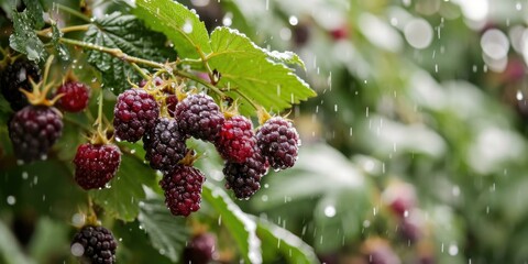 A bunch of berries are hanging from a tree in the rain. AI.