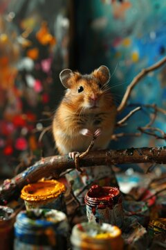 A small mouse sitting on a branch with paint cans in the background. AI.
