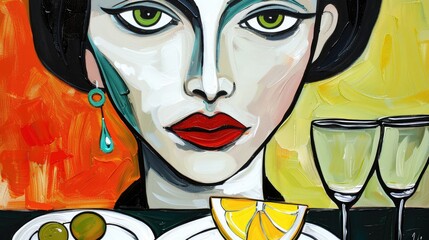 A woman with a red lip and green eyes is painted on a canvas