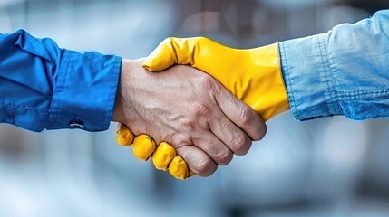 Two people shaking hands with yellow gloves on
