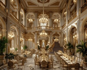 Fototapeta na wymiar A fancy dining room with chandeliers and a staircase. AI.