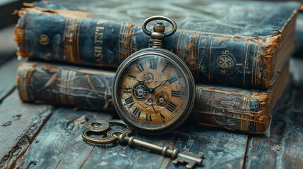 Antique watch and key set with books in an escape room. Generative Ai
